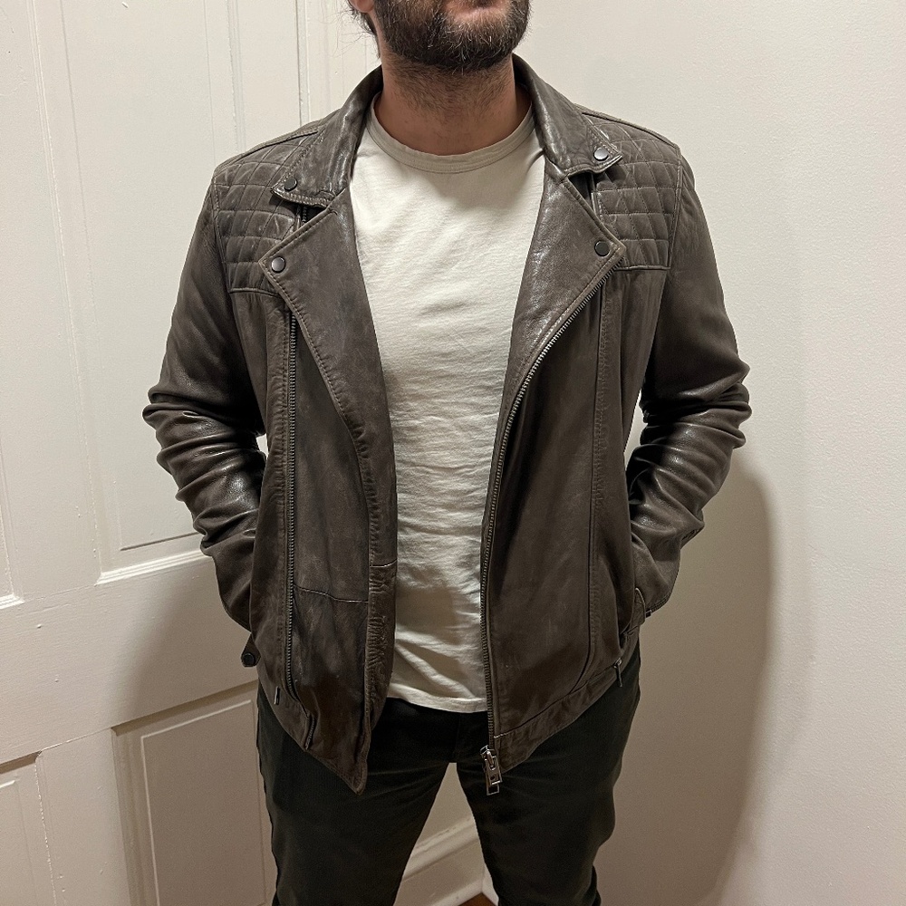 Men’s Large ALLSAINTS Conroy Crinkled Leather Biker Jacket in Khaki Grey
